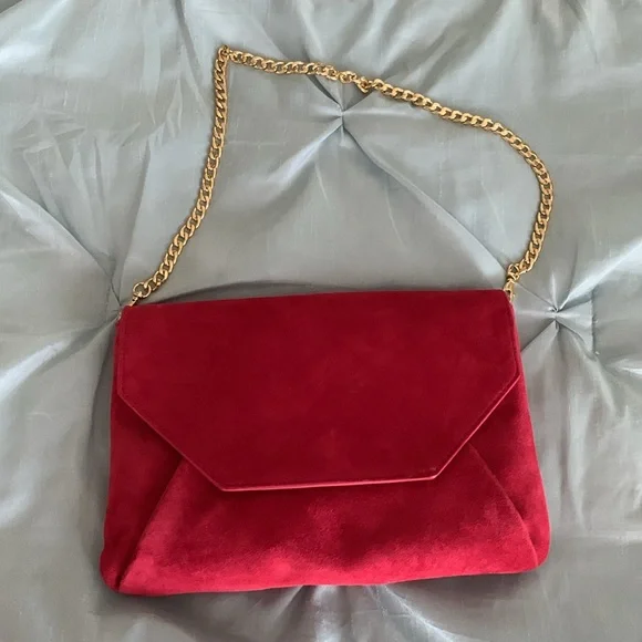Ann Taylor red suede over the shoulder gold chain purse - Picture 2 of 5